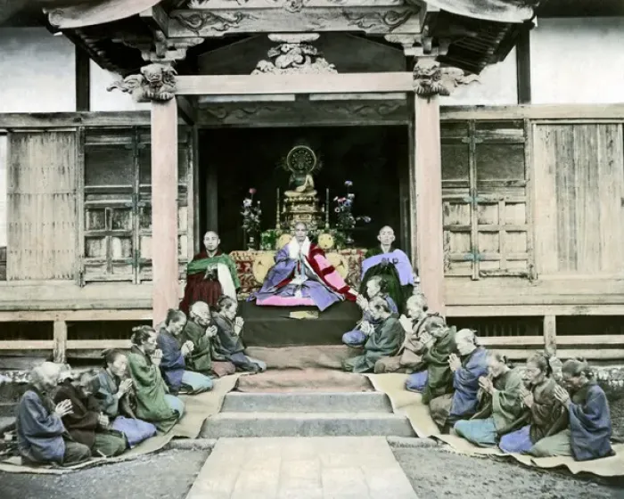 Framed Print : Buddhist priests and worshippers, Japan Framed Print : Buddhist priests and worshippers, Japan