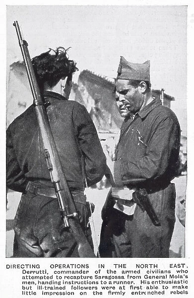 Buenaventura Durruti (1896 - 1936), commander of a Republican anarchist brigade during the Spanish Civil War, giving orders to a runner during the battle for Saragossa, 1936. Date: 1936