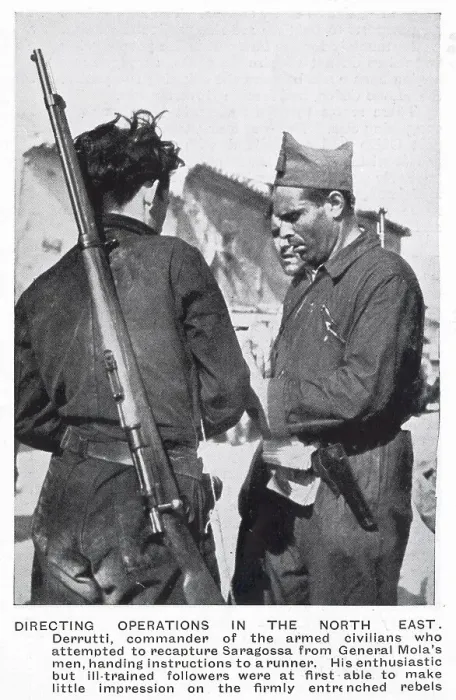 Framed Print : Buenaventura Durruti (1896 - 1936), commander of a Republican anarchist brigade during the Spanish Civil War, giving orders to a runner during the battle for Saragossa, 1936. Date: 1936 Framed Print : Buenaventura Durruti (1896 - 1936), commander of a Republican anarchist brigade during the Spanish Civil War, giving orders to a runner during the battle for Saragossa, 1936. Date: 1936