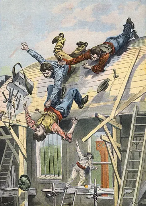 Framed Print : Builders Fall Off a Roof Framed Print : Builders Fall Off a Roof