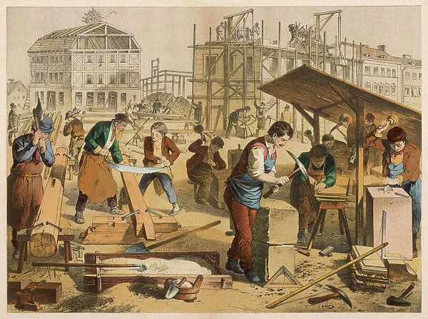 Builders at work in the foreground, with partially completed buildings in the background