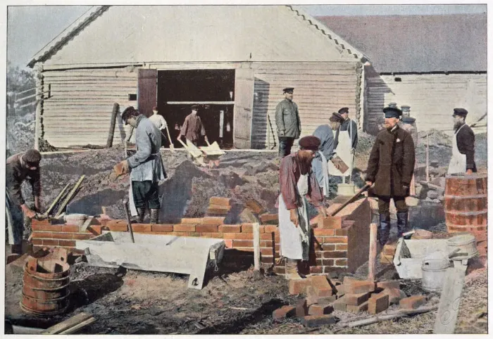 Framed Print : Builders at work bricklaying in the outskirts of Moscow, Russia Date: 1890s Framed Print : Builders at work bricklaying in the outskirts of Moscow, Russia Date: 1890s