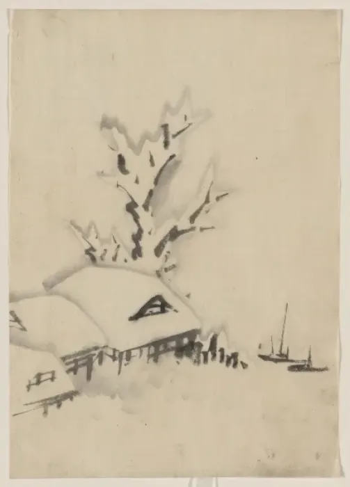 Framed Print : Buildings and large tree on the waterfront, with two boats a Framed Print : Buildings and large tree on the waterfront, with two boats a