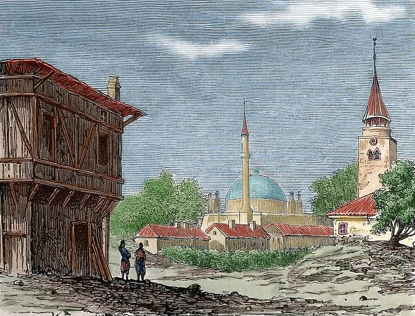 Bulgaria. Razgrad. Ottoman domination. Engraving by Capuz L