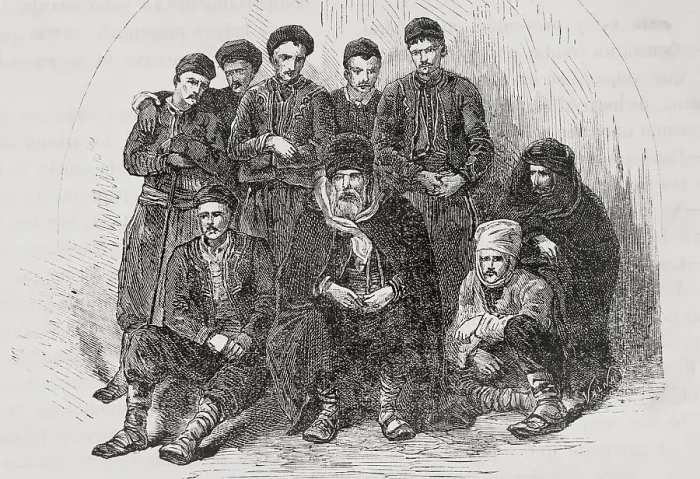 Framed Print : Bulgarian villagers. Engraving by Valnay, 1877