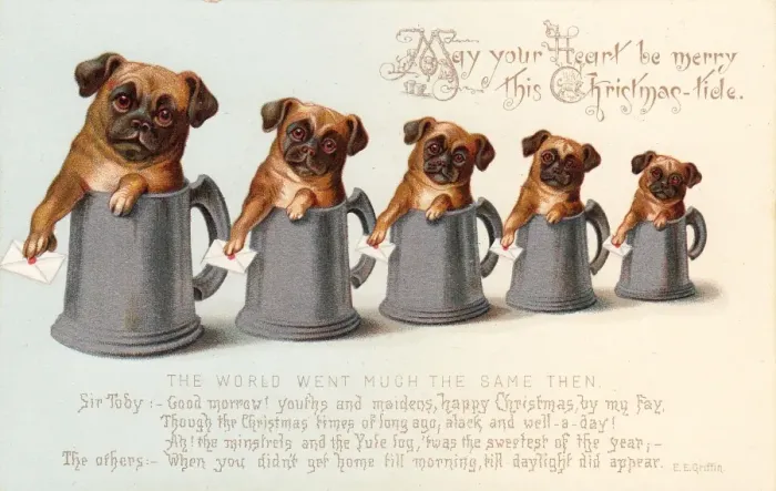 Framed Print : Five bulldogs in tankards on a Christmas card Framed Print : Five bulldogs in tankards on a Christmas card