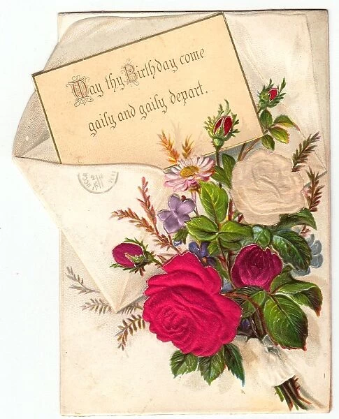 Bunch of flowers with envelope on a fabric birthday card