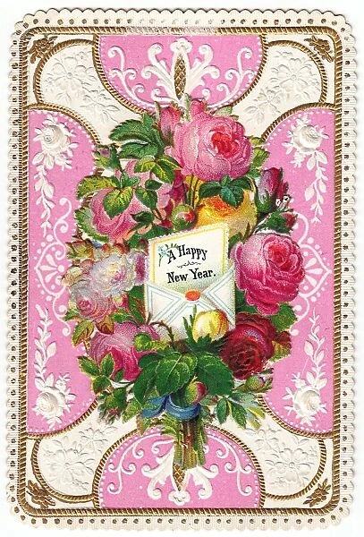 Bunch of pink roses on a New Year card