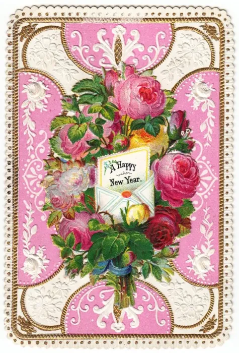 Framed Print : Bunch of pink roses on a New Year card Framed Print : Bunch of pink roses on a New Year card