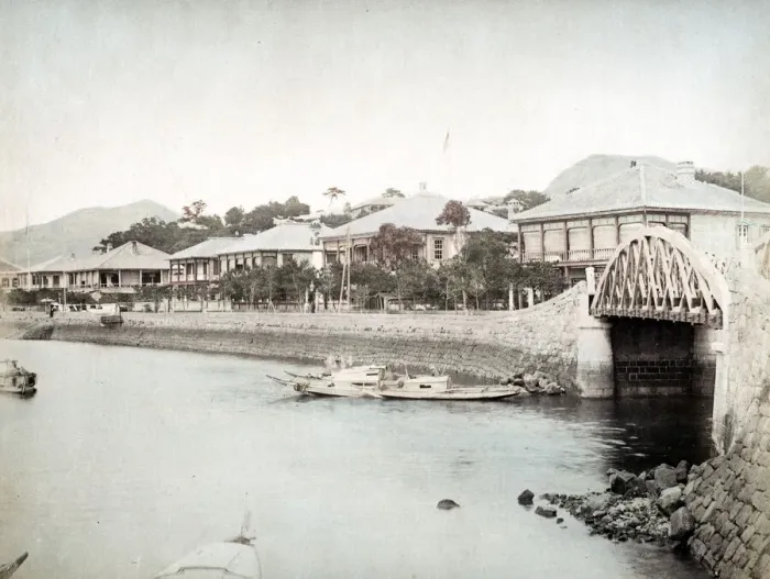 Framed Print : Bund Nagasaki, Japan, boats and bridge Framed Print : Bund Nagasaki, Japan, boats and bridge