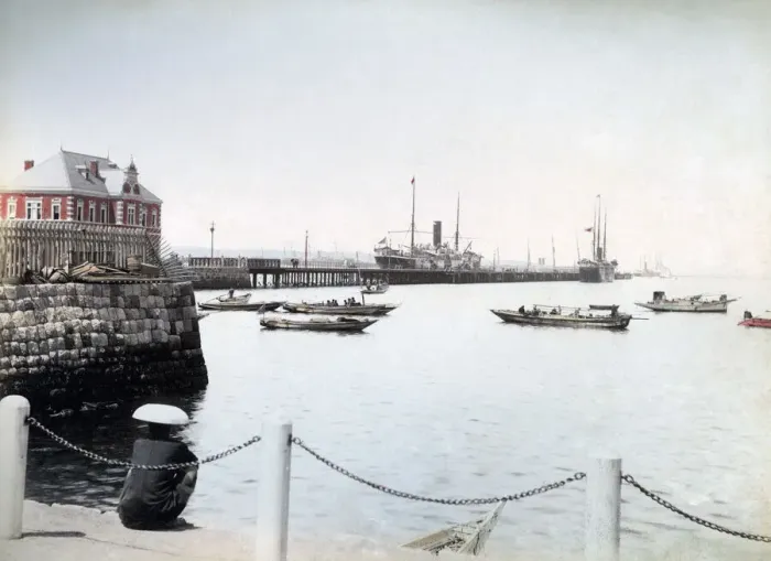 Framed Print : Bund, Yokohama with steam ships, Japan, circa 1880s. Date: circa 1880s