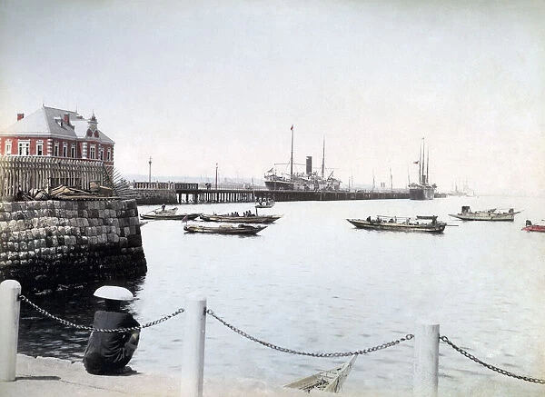 Bund, Yokohama with steam ships, Japan, circa 1880s. Date: circa 1880s