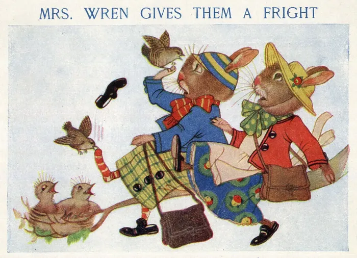 Framed Print : The Bunnies - Mrs Wren gives them a fright Framed Print : The Bunnies - Mrs Wren gives them a fright