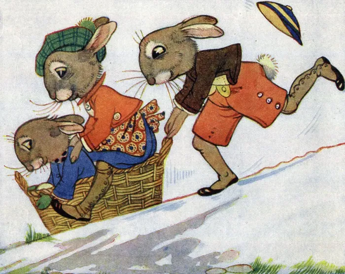 Framed Print : The Bunnies ride down the hill in a basket Framed Print : The Bunnies ride down the hill in a basket