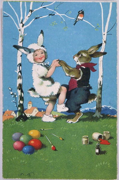 Bunny and Child. A bunny dances with a child in a bunny costume