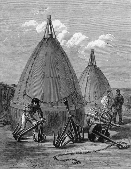 Framed Print : Buoys and Grapnels used in recovering the Atlantic Telegraph Framed Print : Buoys and Grapnels used in recovering the Atlantic Telegraph
