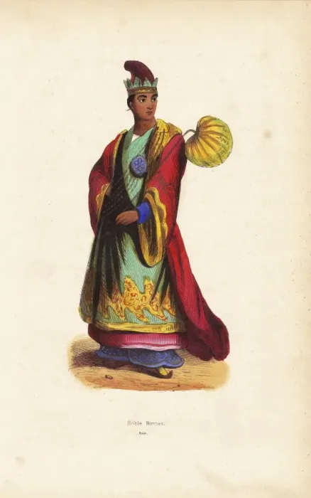 Framed Print : Burmese nobleman in embroidered robes, hat, and slippers Framed Print : Burmese nobleman in embroidered robes, hat, and slippers