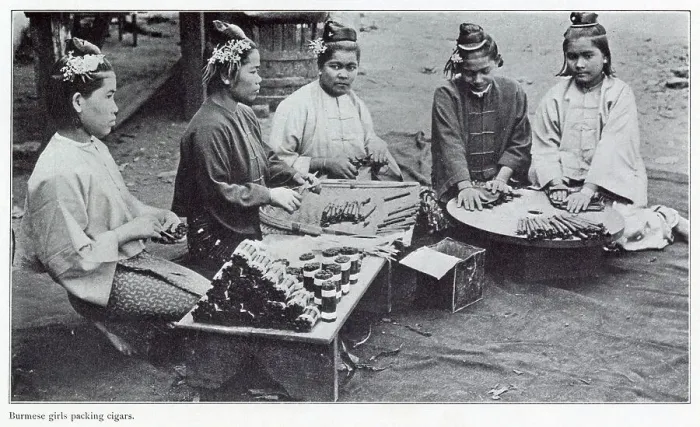 Framed Print : Burmese women rolling leaf tobacco into cigars. Date: 1908 Framed Print : Burmese women rolling leaf tobacco into cigars. Date: 1908