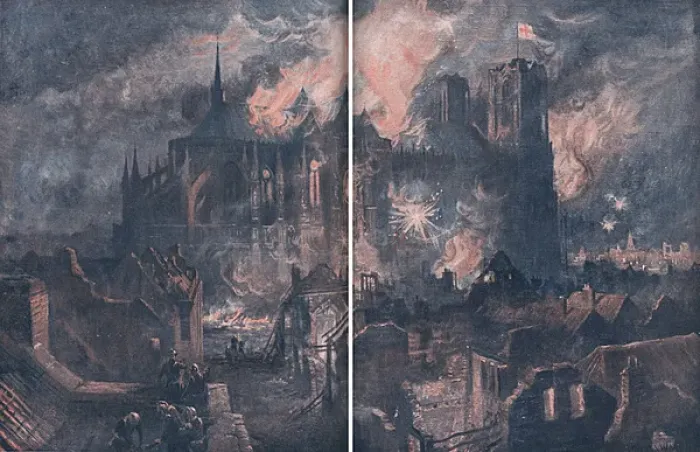 Framed Print : Burning of Reims Cathedral after bombardment, 1914 Framed Print : Burning of Reims Cathedral after bombardment, 1914