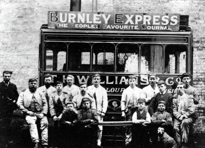 Framed Print : Burnley steam tram depot staff, Victorian period Framed Print : Burnley steam tram depot staff, Victorian period