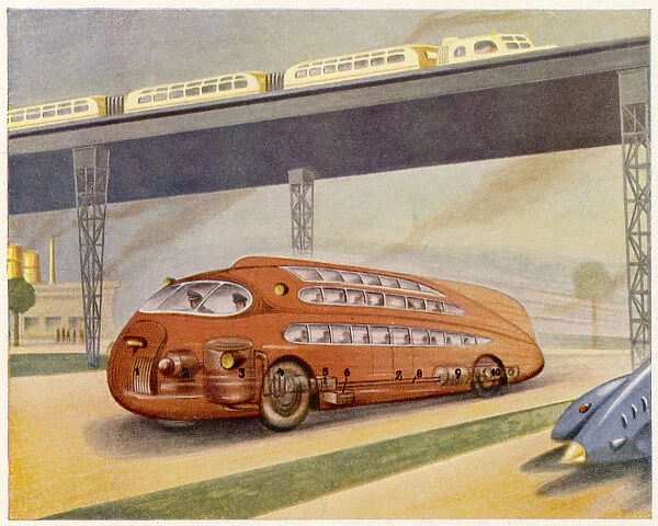Bus of the Future. A bus of the future races along an autobahn carrying