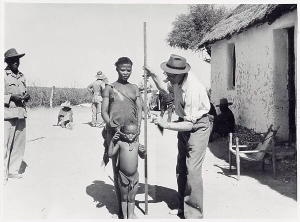 Bushmen in Botswana. A Bushman child of Botswana being measured for height
