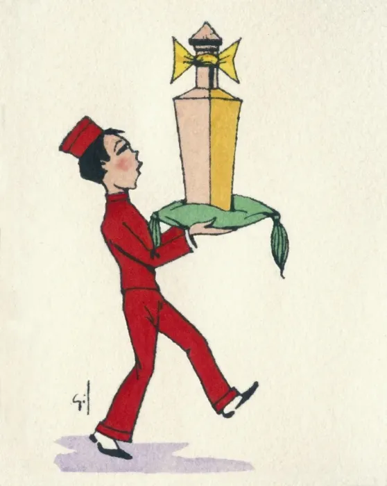 Framed Print : Business card design, bell boy with perfume bottle Framed Print : Business card design, bell boy with perfume bottle