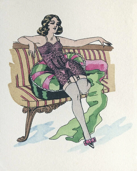 Business card design, woman in corset on sofa