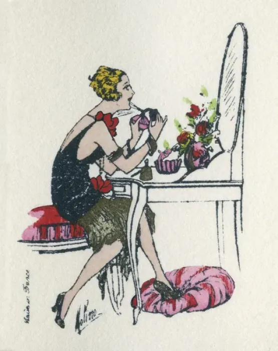 Framed Print : Business card design, woman at dressing table Framed Print : Business card design, woman at dressing table