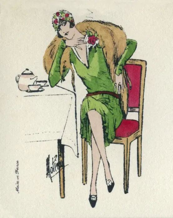 Framed Print : Business card design, woman taking tea Framed Print : Business card design, woman taking tea