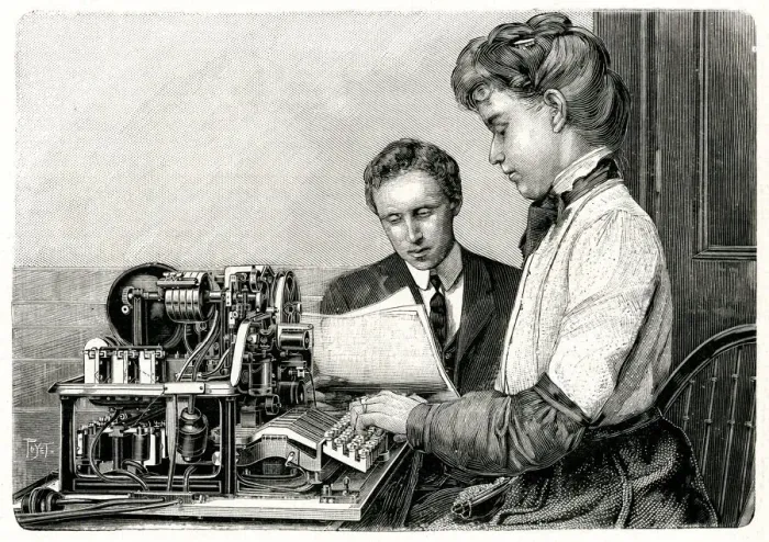 Framed Print : Businessman dictating to secretary 1903 Framed Print : Businessman dictating to secretary 1903