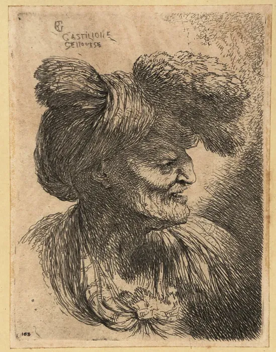 Framed Print : Bust of an old man, wearing a large turban, in profile, 17th cen Framed Print : Bust of an old man, wearing a large turban, in profile, 17th cen