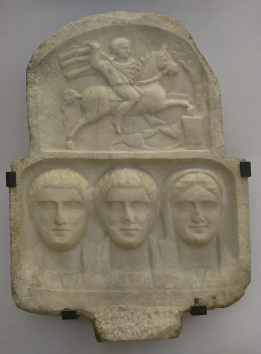 Framed Print : Busts of two bearded men and a woman. Above: relief Framed Print : Busts of two bearded men and a woman. Above: relief