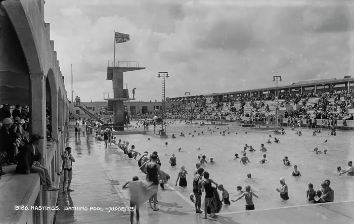 Framed Print : Busy Day at Hastings Bathing Pool Framed Print : Busy Day at Hastings Bathing Pool