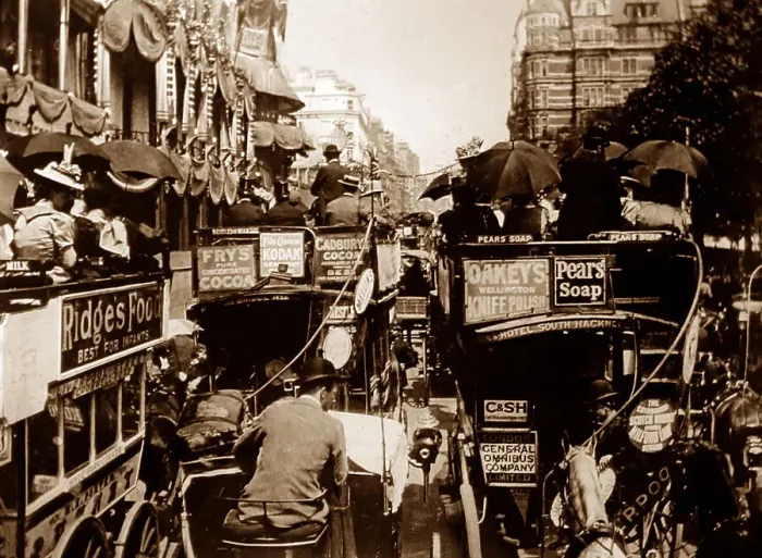 Framed Print : Busy London street scene - hand coloured - Victorian period Framed Print : Busy London street scene - hand coloured - Victorian period