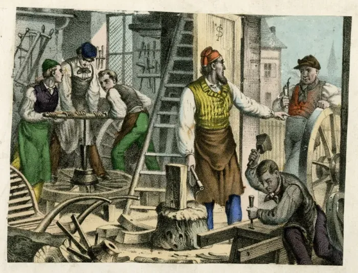 Framed Print : Busy scene in a wheelwrights workshop Framed Print : Busy scene in a wheelwrights workshop