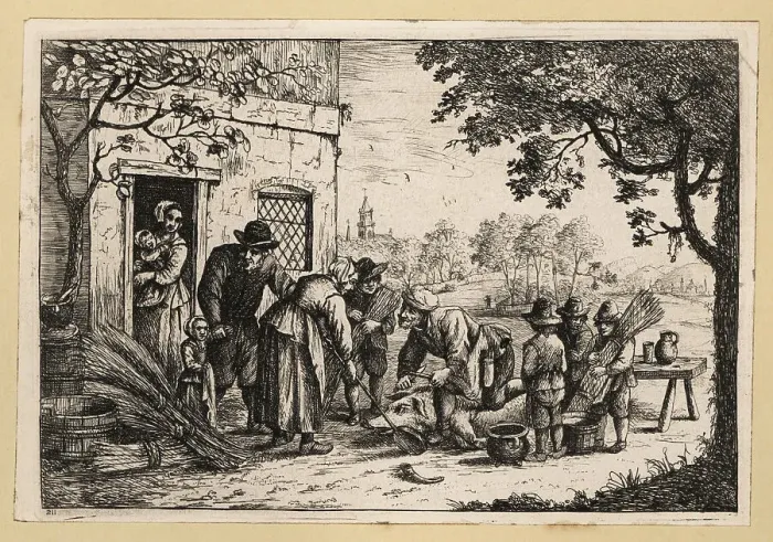 Framed Print : Butcher sharpening his knife before slaughtering a pig, 18th cen Framed Print : Butcher sharpening his knife before slaughtering a pig, 18th cen