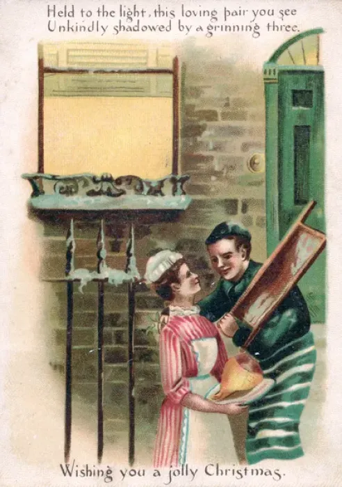 Framed Print : Butchers boy and housemaid on a comic Christmas card Framed Print : Butchers boy and housemaid on a comic Christmas card