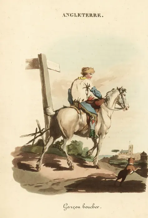 Framed Print : Butcher's boy at a signpost in the road, 1800s Framed Print : Butcher's boy at a signpost in the road, 1800s