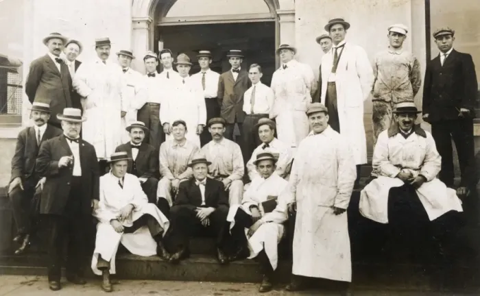 Framed Print : Butchers and others outside their work premises, USA Framed Print : Butchers and others outside their work premises, USA
