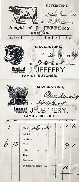 Butchers receipts, J Jeffery, Silverstone, Northants