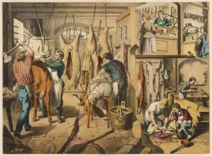 Framed Print : Butchers at work, with shop scene Framed Print : Butchers at work, with shop scene