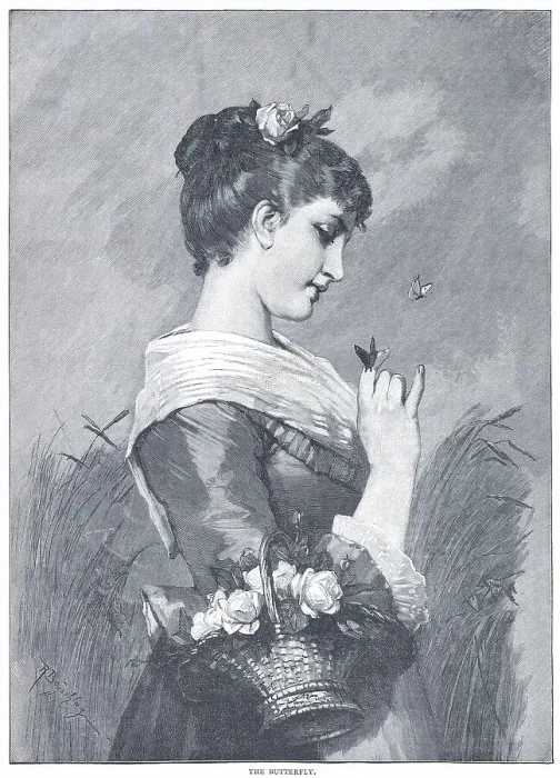 Framed Print : Butterfly. Young lady with a basket of roses intrigued by the delicacy Framed Print : Butterfly. Young lady with a basket of roses intrigued by the delicacy