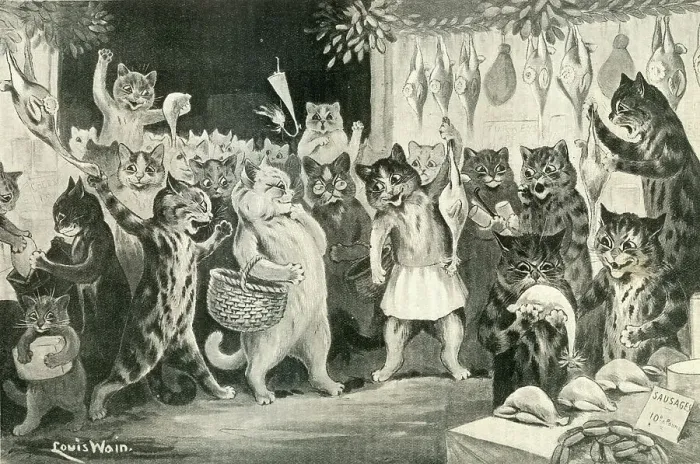 Framed Print : Buying the Christmas Dinner comical cats cartoon, Louis Wain Framed Print : Buying the Christmas Dinner comical cats cartoon, Louis Wain