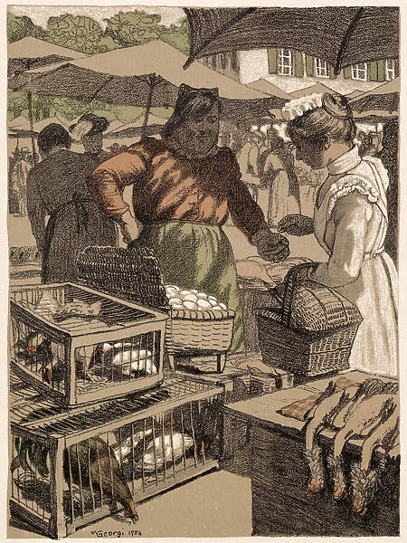 Buying produce from a stall in a German village market selling chickens and eggs