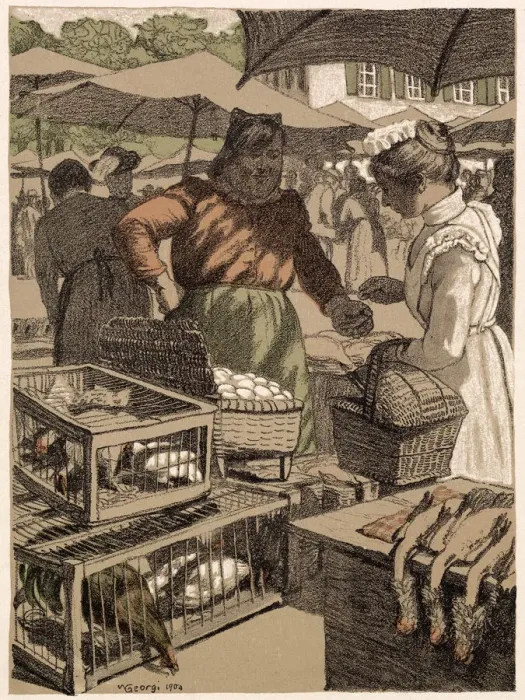 Framed Print : Buying produce from a stall in a German village market selling chickens and eggs Framed Print : Buying produce from a stall in a German village market selling chickens and eggs