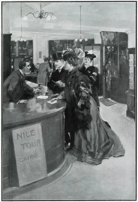 Framed Print : Buying travel tickets for Cooks tour to Egypt, 1908 Framed Print : Buying travel tickets for Cooks tour to Egypt, 1908