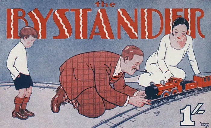 Framed Print : Bystander masthead 1929, playing with train set