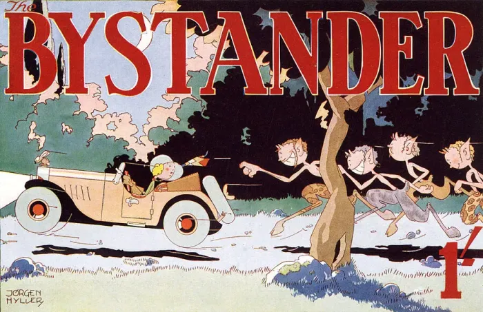 Framed Print : Bystander masthead, 1929 - satryrs chasing lady motorist Framed Print : Bystander masthead, 1929 - satryrs chasing lady motorist