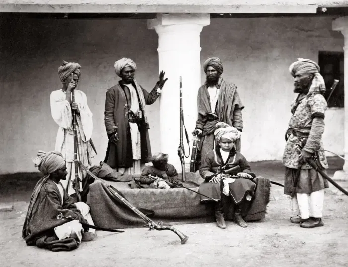 Framed Print : c. 1860s India - tribal warrior group with child and monkey Framed Print : c. 1860s India - tribal warrior group with child and monkey
